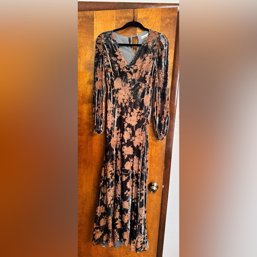 In Bloom Blue and brown Velvet Long Sleeve Dress with Tan Floral Print